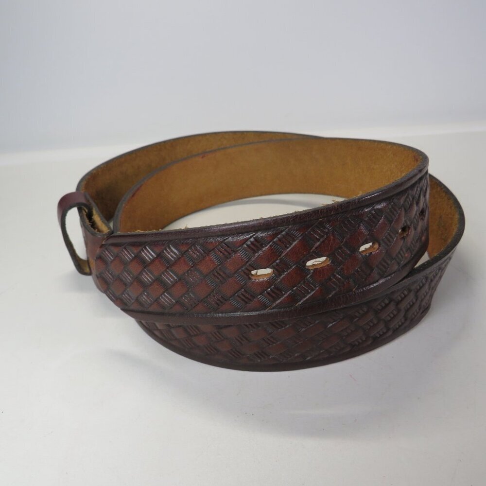 Brown Leather Belt tooled basket weave detail embossed size 36 and 1 1/2" wide